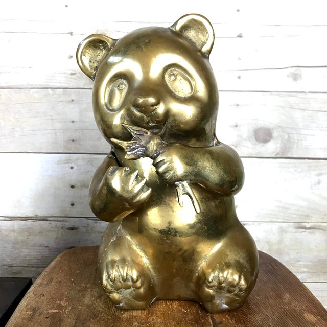 Asian Vintage Mid-Century Brass Panda Bear Eating Bamboo Home Decor Heavy Statue For Sale - Image 3 of 14