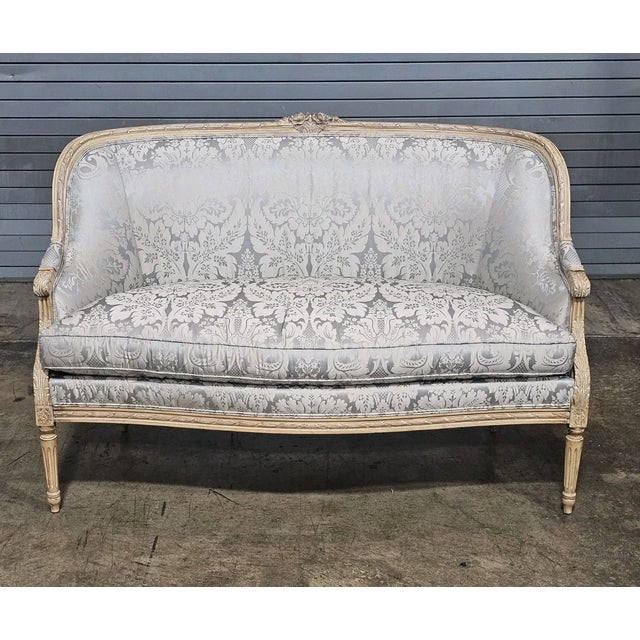 Store Item: Stickley Louis XVI Style Enamel Painted Blue Damask Upholstered Canapé Settee Description: Handcrafted and...