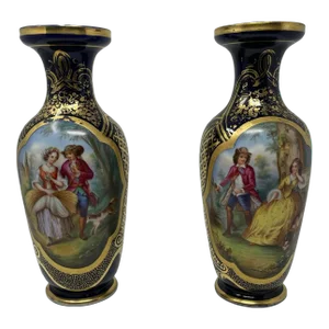 Antique French Old Paris Gilded Porcelain Vases With Hand Painted Courting Scenes - Pair