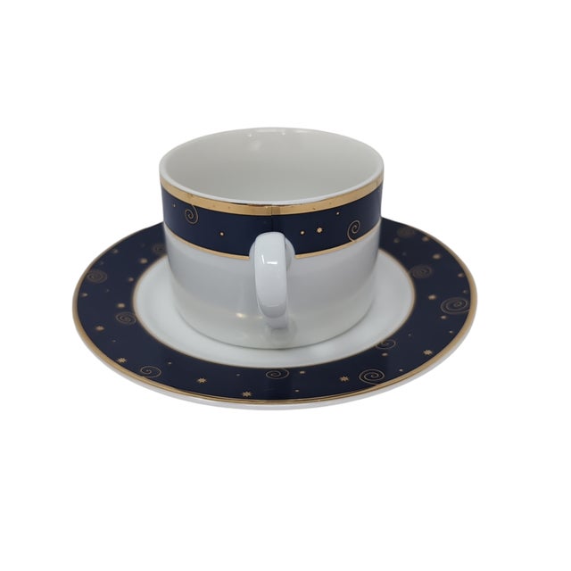 Sakura Star Light Coffee Tea Cup Saucer Porcelain Blue Gold Celestial Hallmark For Sale - Image 4 of 7
