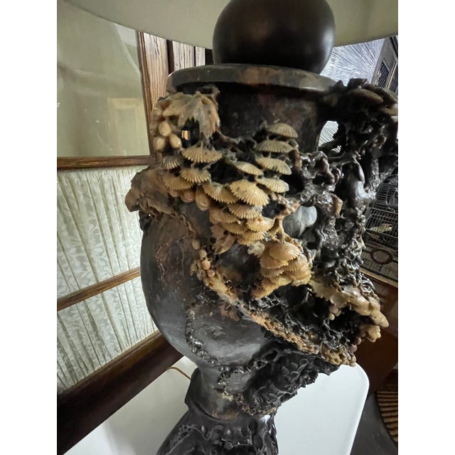 Antique Chinese Elaborately Carved Natural Hard-Stone Table Lamps—A Pair For Sale - Image 16 of 18