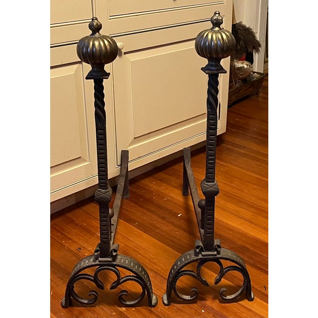 Very Large Antique 19th Century French Baroque Wrought Iron and Bronze Andirons With Gothic Tudor Arch for Limestone Fireplace Mantel For Sale In New York - Image 6 of 15