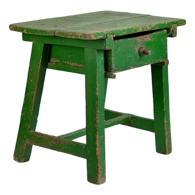 Exquisite 19th Century Primitive One Drawer Side Wooden Table in Green Paint For Sale
