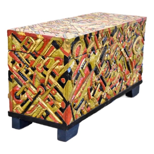 Carved and Painted Trunk Dated 2006 Is Signed by the Listed Artist Tom Cramer (Oregon, 1960 - ) For Sale