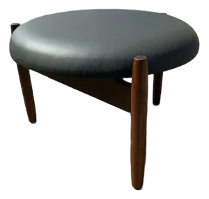 Mid Century Style Round Walnut and Black Leather Ottoman