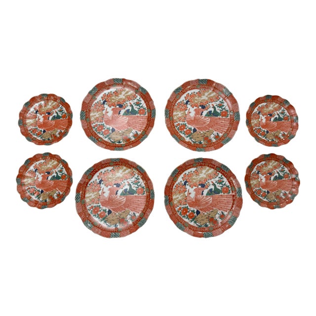 Vintage Japanese Imari Arita Peacock Scalloped Porcelain Dinner & Salad Plates - 8 Pieces For Sale