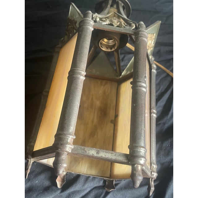 Gothic Mid 20th Century Gothic Revival Hanging Lantern With Slag Glass Panels and Ornate Metal Frame. For Sale - Image 3 of 4