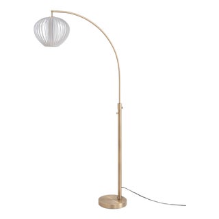 Bloom Float Chairside Arc Lamp - Weathered Brass, Steel Base, Sphere White Satin Shade, 92" Height For Sale