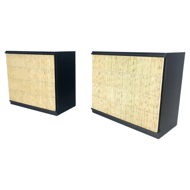 Pair Black Lacquer 4 Drawers Unusual Sharp Looking "Linen Fold" Fronts Bachelor Chests Dressers MINT!