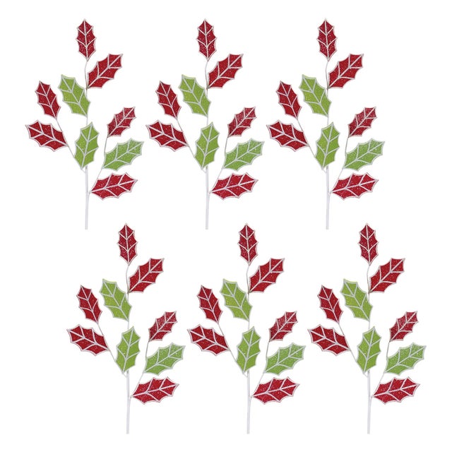 Contemporary Glittered Fabric Holly Spray (Set of 6) For Sale - Image 3 of 3