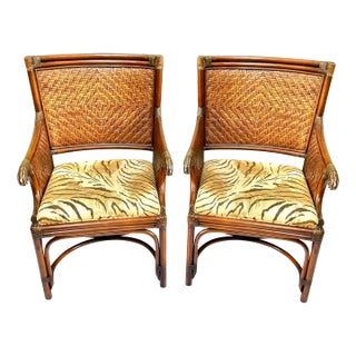 Vintage Bamboo & Rattan Arm Chairs – Pair of Wicker Dining or Accent Chairs With Upholstered Seats For Sale