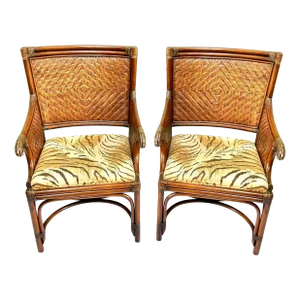 Vintage Bamboo & Rattan Arm Chairs – Pair of Wicker Dining or Accent Chairs With Upholstered Seats