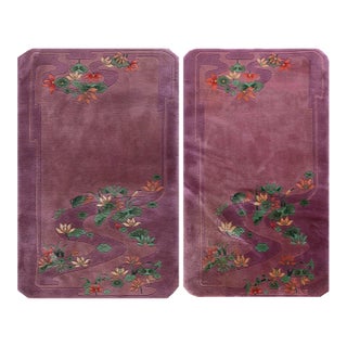 1920s Purple Floral Antqiue Pair of Chinese Art Deco Carpets 3' X 4'7" Knotted Wool Rugs For Sale