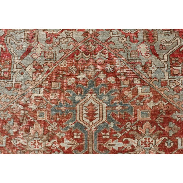 Early 20th Century Early 20th Century Antique Heriz Rug With All-Over Medallion Design in Red, Blue, Pink, Tan & Brown For Sale - Image 5 of 13
