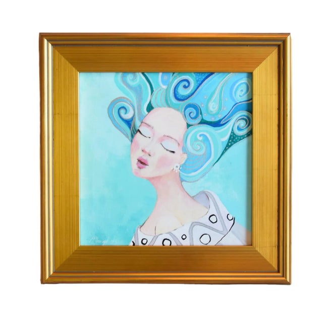 Wood Fantasy Celestial Woman Portrait Oil Painting W/ Antiqued Gold Wood Frame For Sale - Image 7 of 7