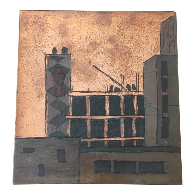 Vintage MidCentury Modern "Copper Cityscape" Etching Engraving Artwork