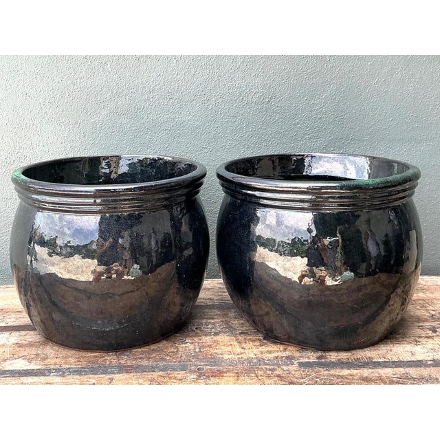 Vintage Ceramic Planters in Black Over Green Glaze - Set of 2 For Sale - Image 10 of 17