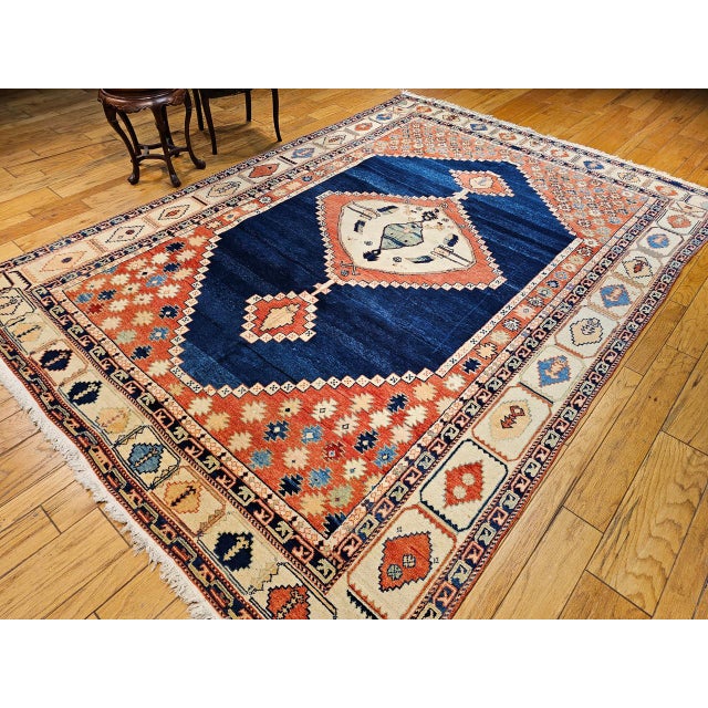 Textile Vintage Turkish Azeri Rug, Hand-Knotted Handspun Wool, Geometric Serapi Pattern, Vegetable Dyes, Navy & Red, 8x11 For Sale - Image 7 of 15