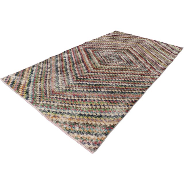 Distressed Vintage Turkish Sivas Runner with Mid-Century Modern Rustic Style 0410 x 08'04. This hand-knotted wool...