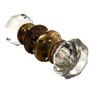 Antique American Glass Door Knobs & Cast Brass Rosettes - 5 Piece Set