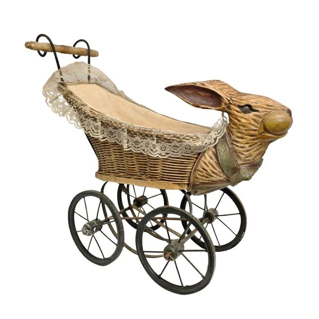 Farmhouse Antique American Wicker & Composition Rabbit-Form Figural Doll Carriage With Original Lining For Sale - Image 3 of 13