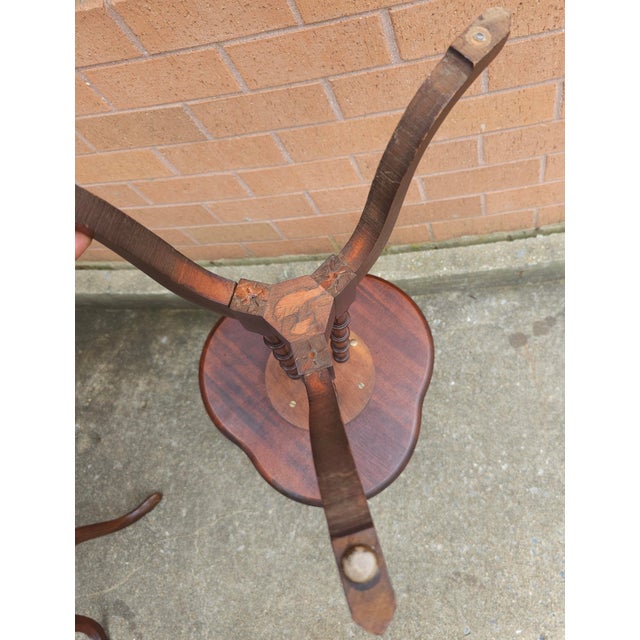 Pair Mid 20th Century Mahogany Pedestal Tooled Leather Clover Top Candle Stands For Sale - Image 9 of 12