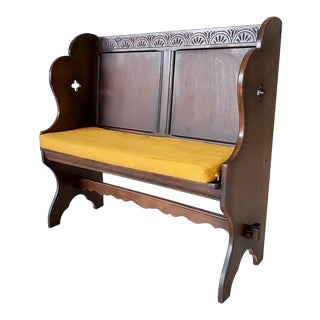 Vintage English Oak Hand-Carved High Back Bench For Sale