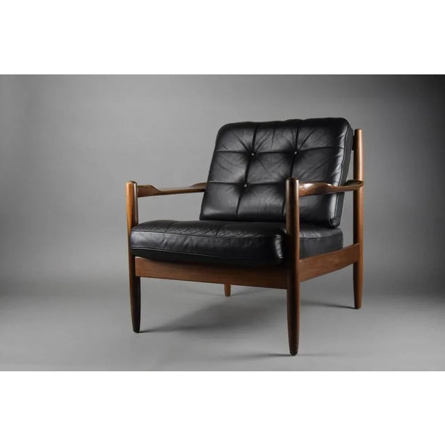 Mid-Century Danish Black Leather and Wood Lounge Chair by Grete Jalk, 1955 For Sale - Image 9 of 13