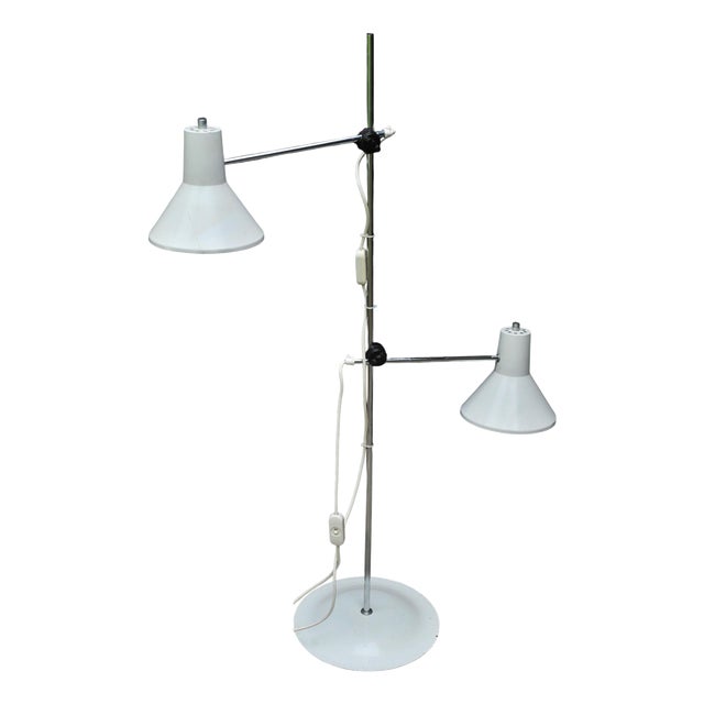Mid-Century Modern White Twin Head Standard Lamp by G. A. Scott for Maclamp, England, 1970s For Sale