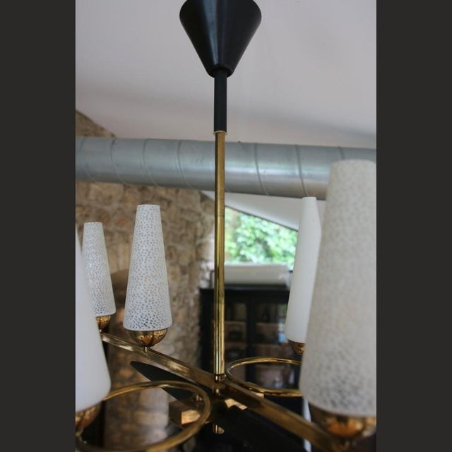 Art Deco Opaline and Brass Chandelier, 1950s For Sale - Image 12 of 18