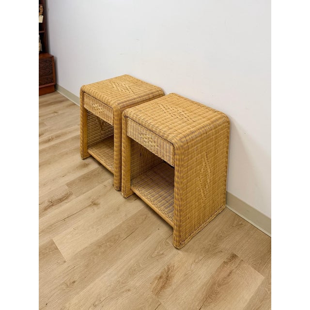 Pair of Vintage Wicker Arched Nightstands Coastal Regency Bedside Tables For Sale - Image 4 of 12