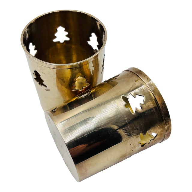 1980s Holiday Tree Brass Votive Holders - A Pair For Sale