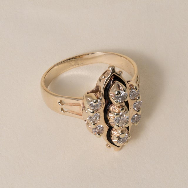 Victorian Vintage 14k Gold Diamond and Black Enamel Navette Ring, Size 7.25 For Sale - Image 3 of 5