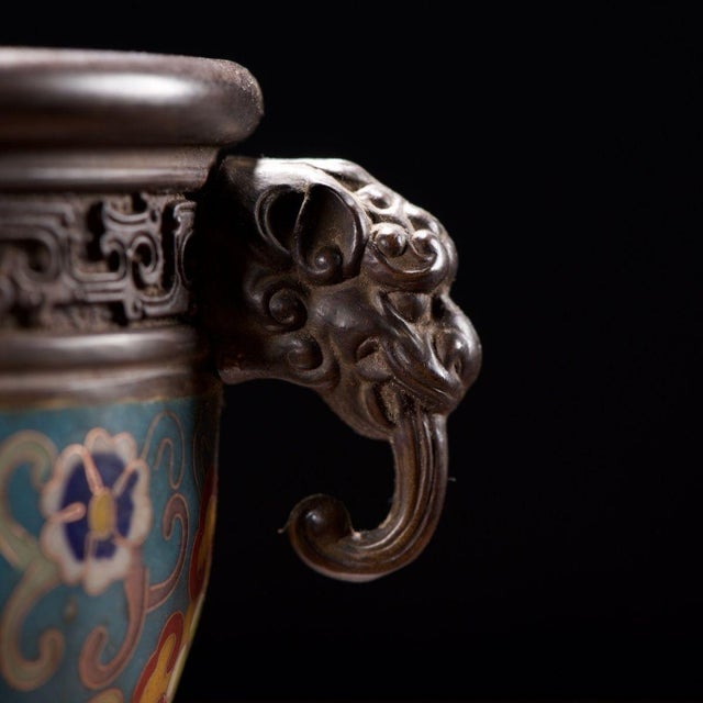 Late 20th Century Vintage Cloisonné Enamel Censer With Beast Handles and Lotus Motif For Sale - Image 5 of 9