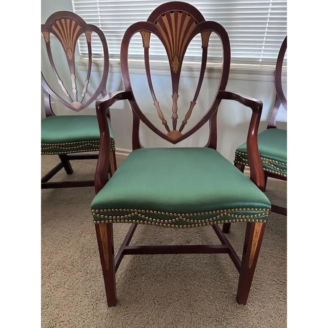 1990s 1990s Baker Inlaid Mahogany Norfolk Hepplewhite Dining Room Chairs For Sale - Image 5 of 17