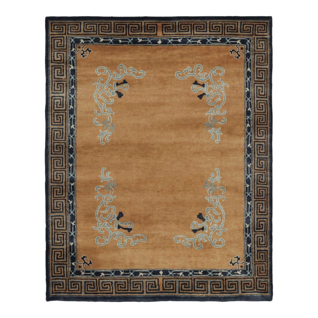 Rug & Kilim’s Chinese Art Deco Inspired Rug, Brown With Greek Key Border For Sale