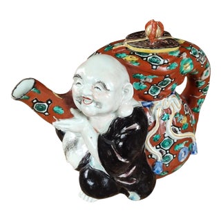 Antique Meiji Japanese Kutani Hotei Laughing Buddha Teapot For Sale