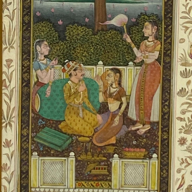 DETAILS An antique Indian illuminated manuscript with a romantic scene with the Mughal Emperor and Empress with two female...