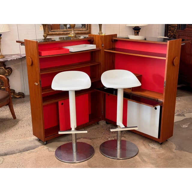 Mid Century Modern Teak Folding Bar With Red Interior For Sale - Image 4 of 14