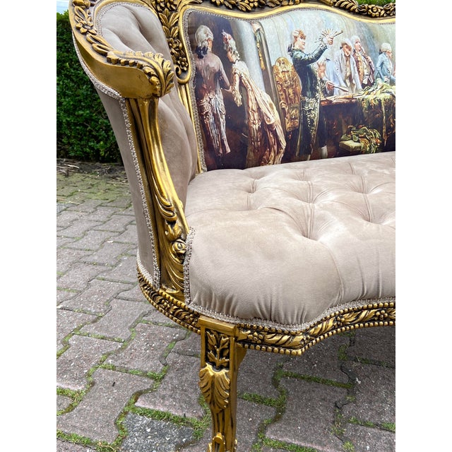 1970s French Louis XVI Tan Velvet Gilt Beech Settee For Sale - Image 15 of 17