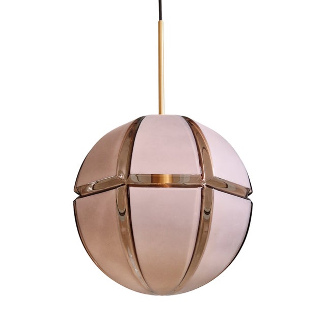 Large Brass Pendant Light with Smoked and Frosted Glass Globe from Peill & Putzler, 1970 For Sale