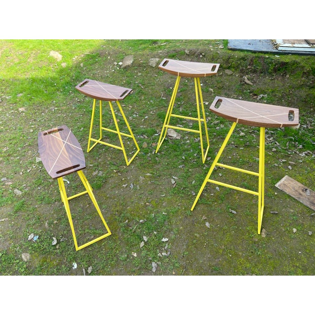 Wood Modern Walnut Robert Designed Trunk Stool Set of 4 Low and Bar Height For Sale - Image 7 of 10