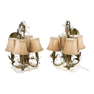 Pair of 1960s Patinated Glass Gilt Metal Light Fixtures or Chandeliers With Shades French Style For Sale