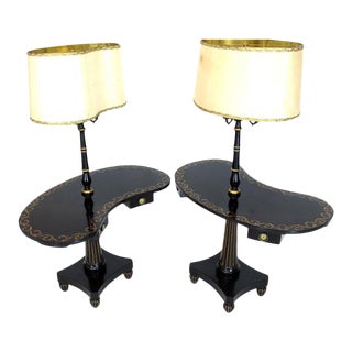 1940s Black Lacquer Gold Decorated Kidney Shape Deco Floor Lamps - a Pair For Sale