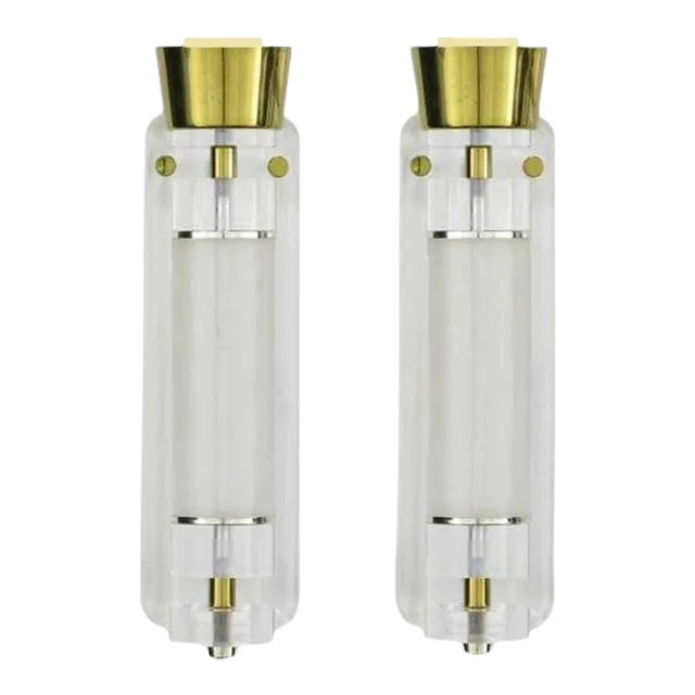 Mid Century Modern Lucite Glass & Brass Sconces - a Pair For Sale