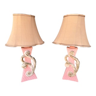 1950s Hollywood Regency Pink Chalkware Table Lamps With Gold Acanthus Scroll - a Pair For Sale