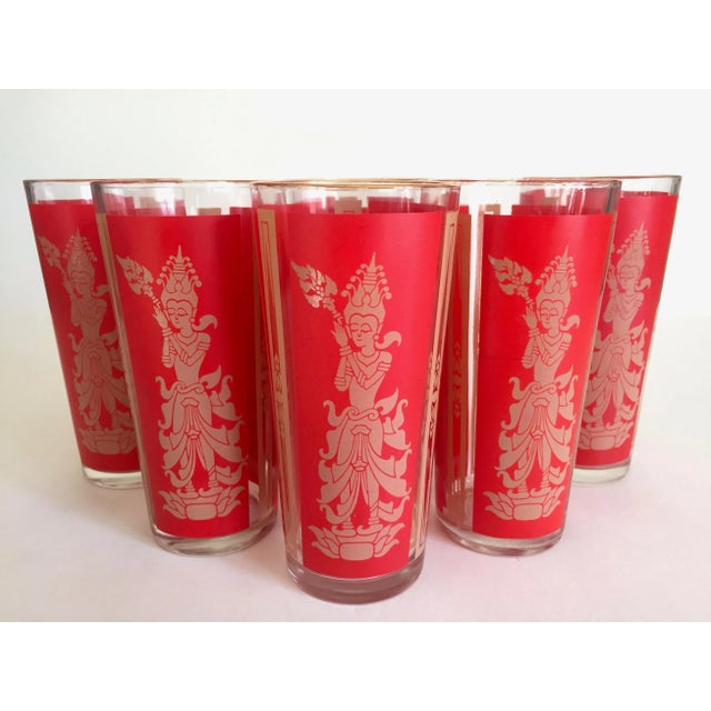 Vintage Mid Century Modern Thai Goddess Lakshmi Tall Red Tumbler Glasses - Set of 7 For Sale - Image 12 of 13