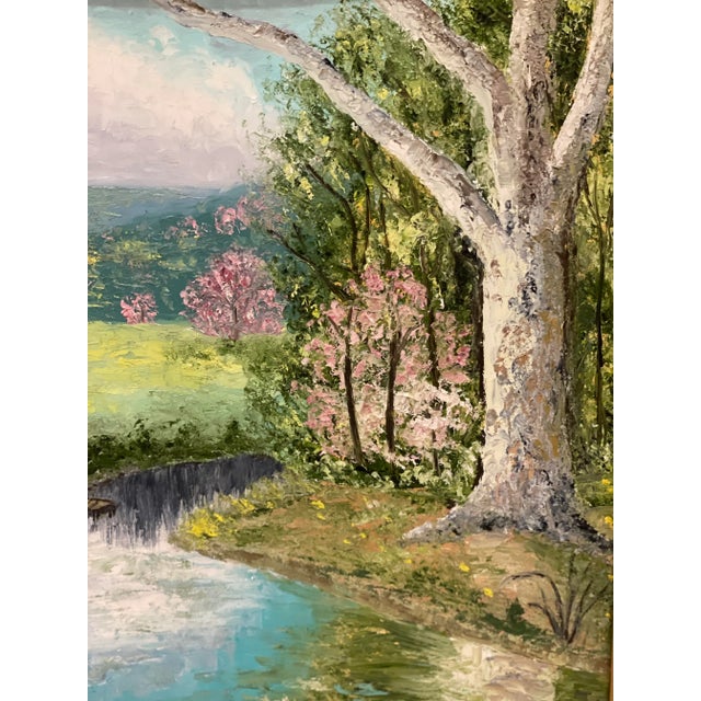 Vintage American Impressionist Original Oil Painting Pink Trees Lakeside Cottage Floral Forest For Sale - Image 4 of 9