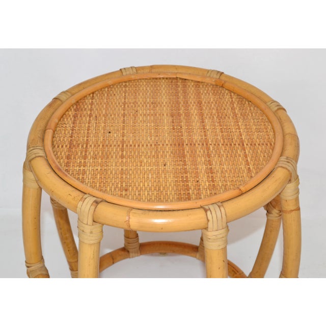 1980s 1980s McGuire Style Bamboo Rattan Taboret Drum Stool or Drink Table For Sale - Image 5 of 13