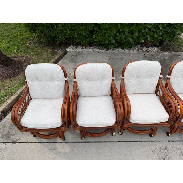 Wood Vintage Sunburst Rattan Swivel Armchairs on Casters, Set of 6 For Sale - Image 7 of 18